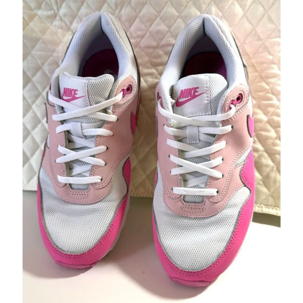 NIKE Kids Air Max 1 Sneaker Shoes White Pink FZ3559-100 Size 6.5Y / Big Kids